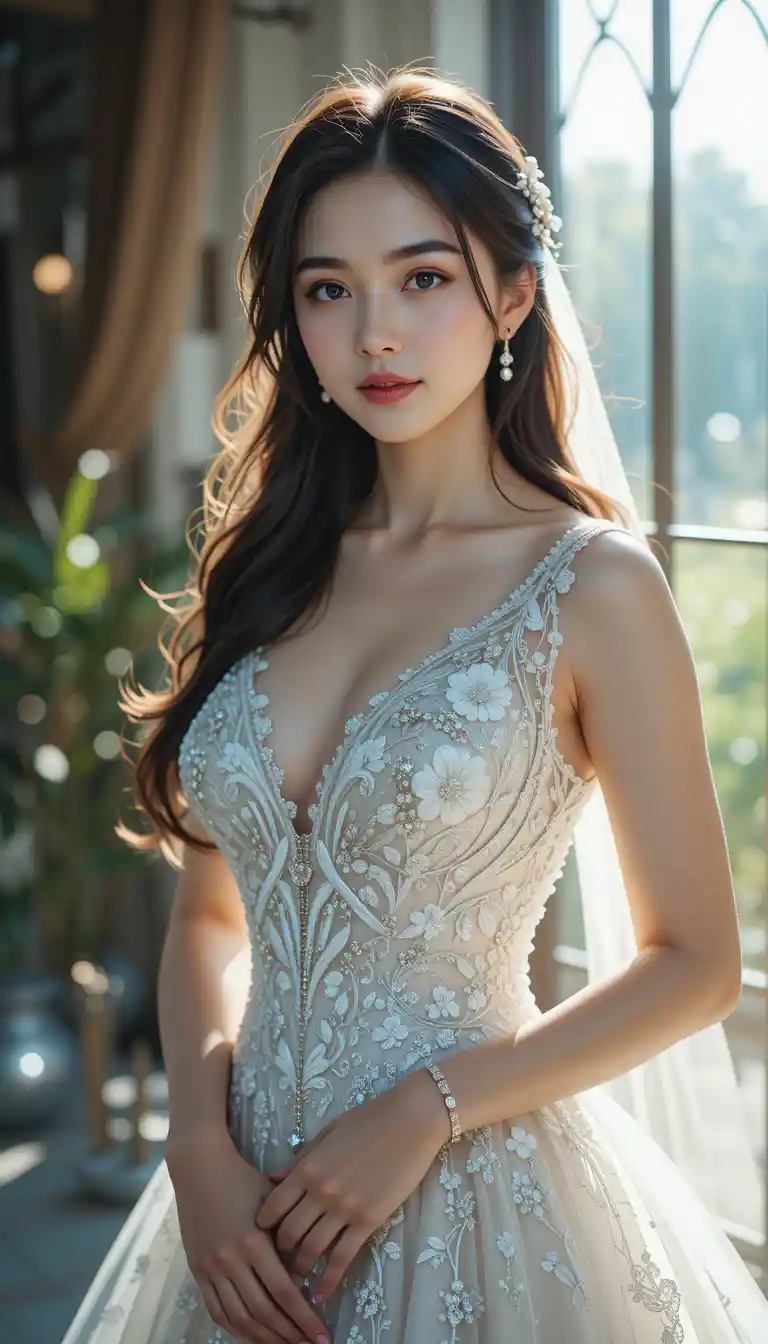 Noiva confiante com vestido de casamento justo ao ar livre