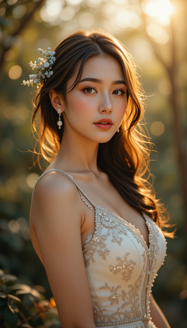 Sicura sposa olandese-coreana in abito da sposa aderente