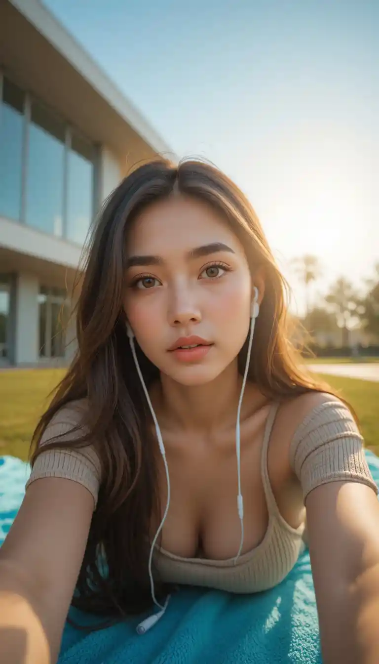 年輕女子在溫暖金色陽光下的夏日自拍