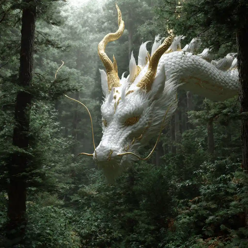 Chrome white Japanese dragon glowing softly in forest