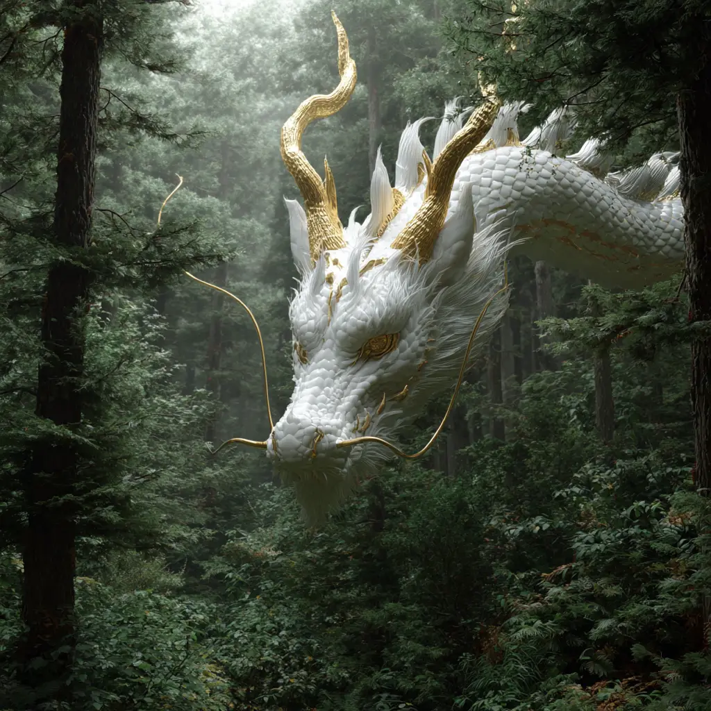 Chrome white Japanese dragon glowing softly in forest