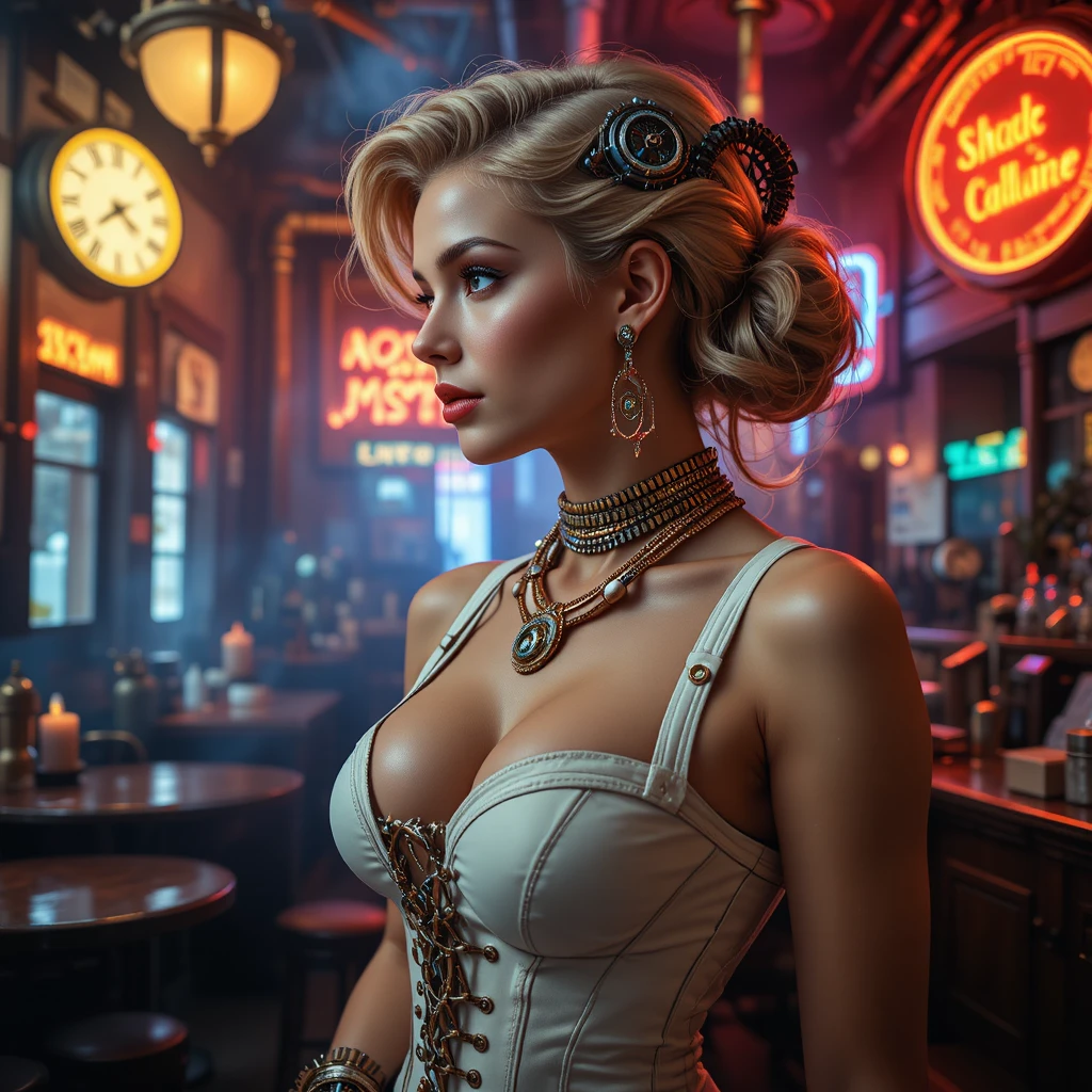 Cyber noir steampunk woman in a smoky retro bar