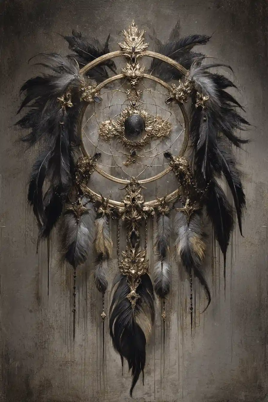 Gothic-Traumfänger-Zeichnung mit goldenen und Edelsteinakzenten