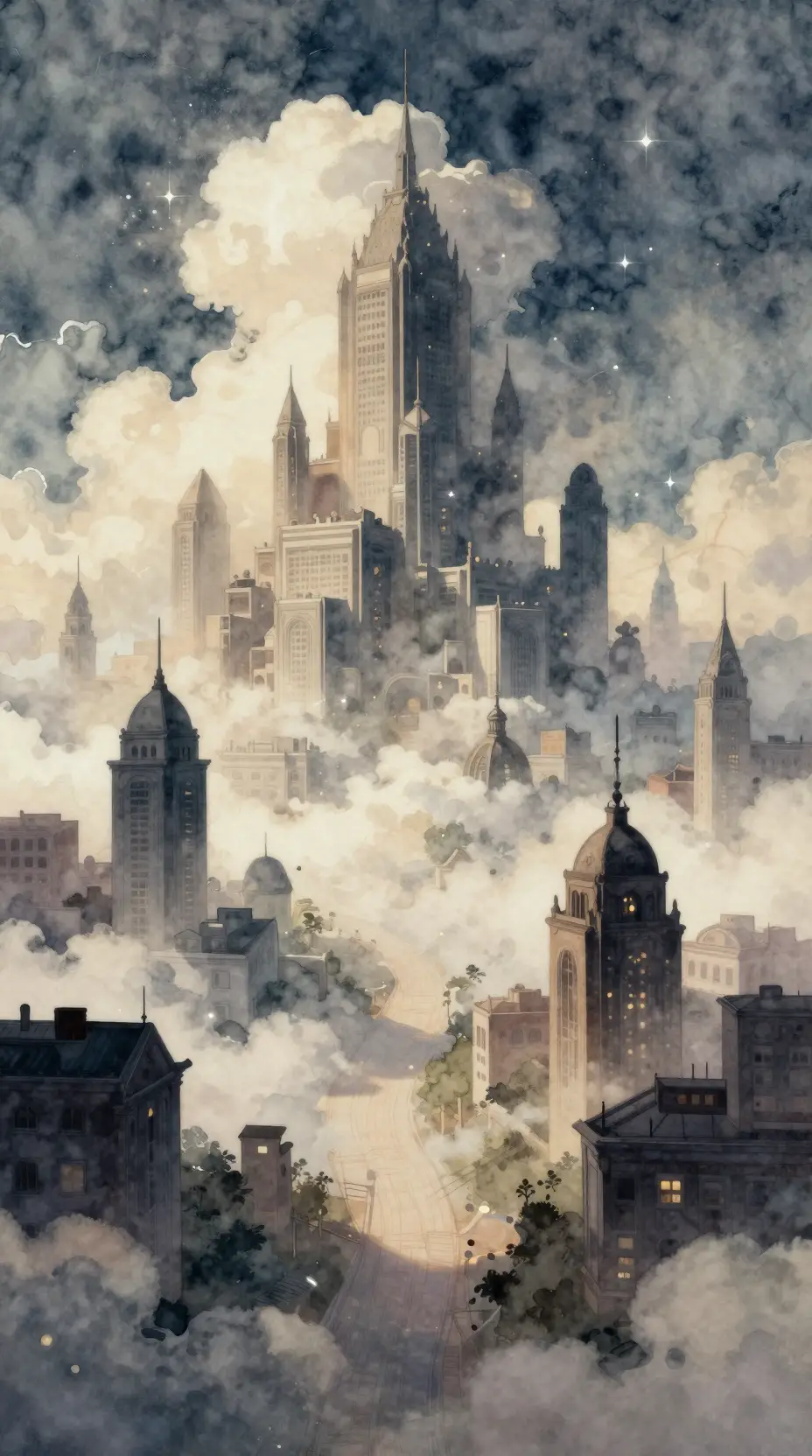 Surreal sky city of cloud towers and starlit pathways