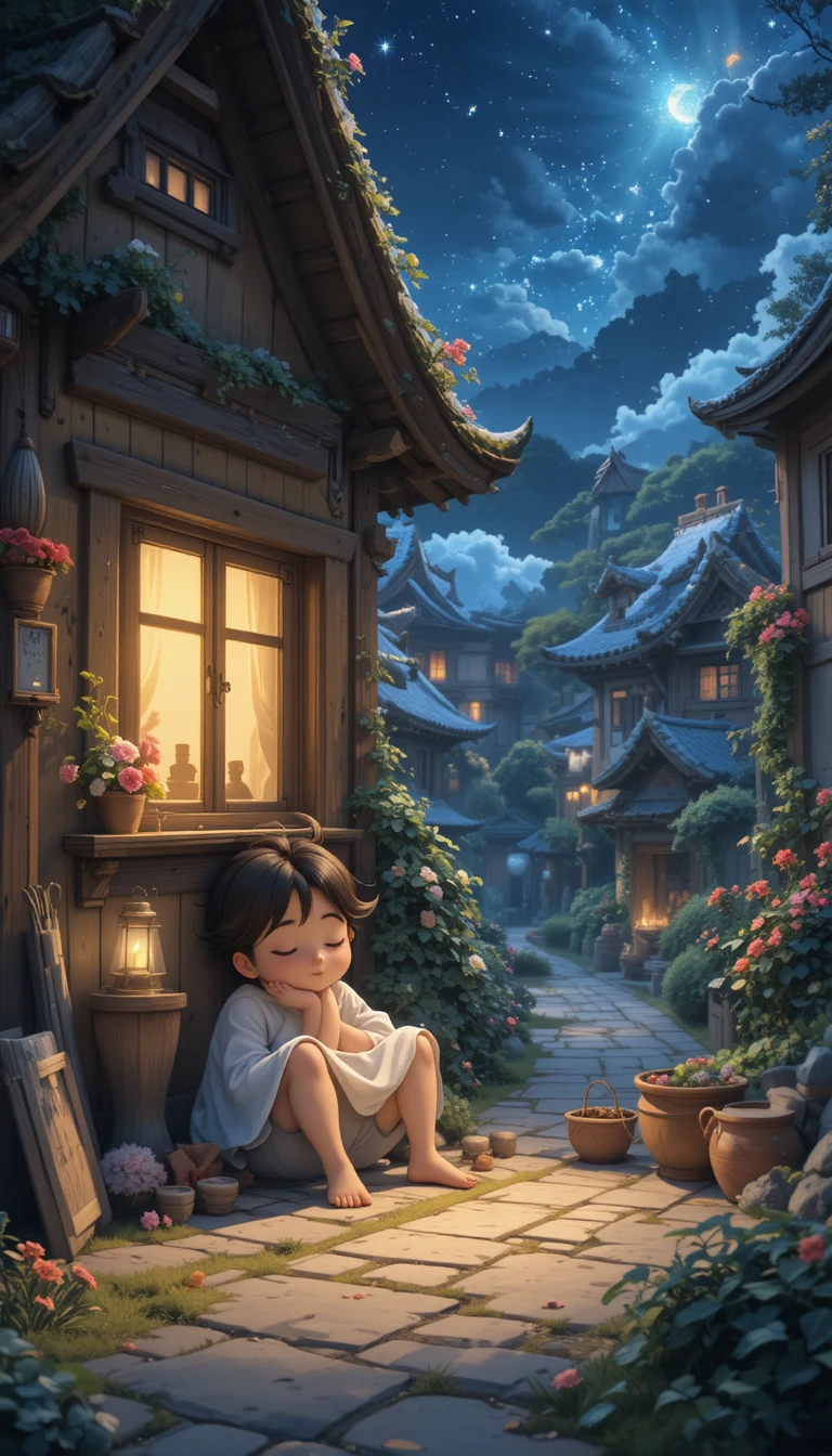 Atardecer acogedor en un pueblo junto a una ventana estrellada en ilustración 3D