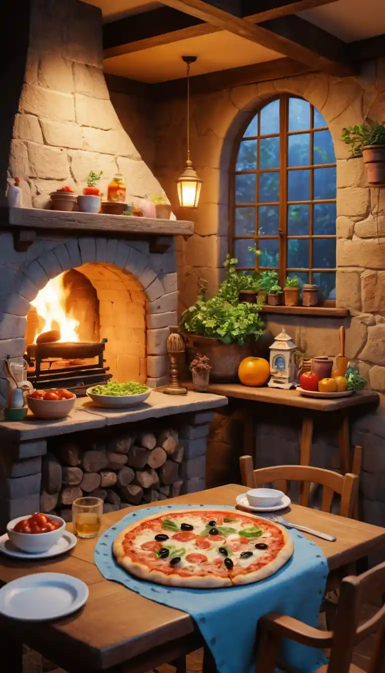 Vila de fantasia aconchegante em um dia tranquilo para festa de pizza
