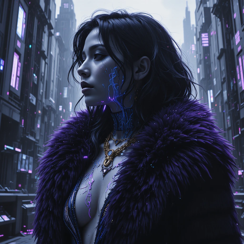 Cyber noir close up of heroine with glowing chest tattoos