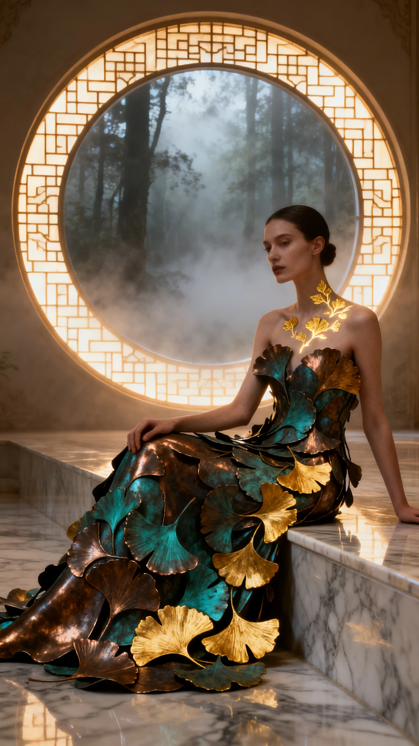 Donna in abito di ginkgo metallico accanto a finestra circolare luminosa