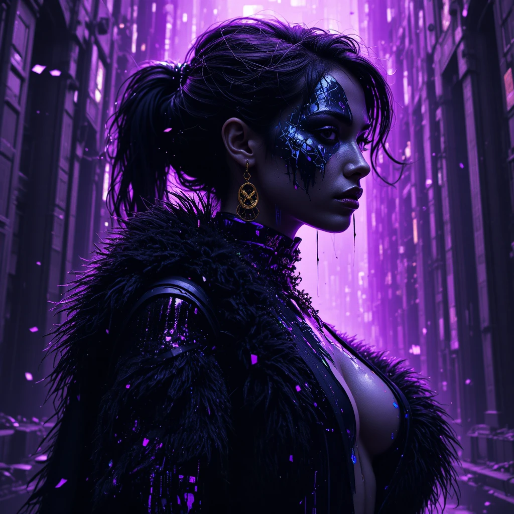 Cyber-Noir-Nahaufnahme einer Heldin in glitschender Neon-Uniform