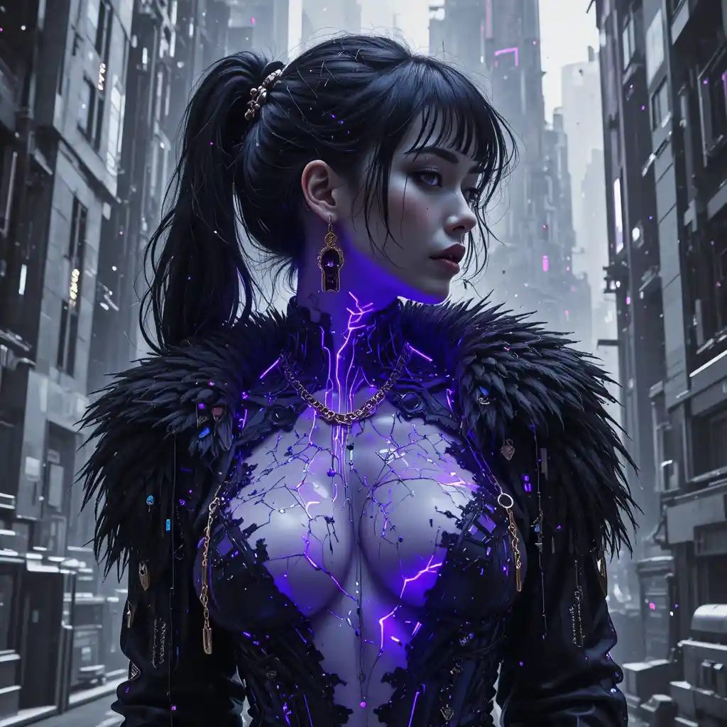 Cyberpunk-Heldin im monochromen Glitch-Fashion-Porträt