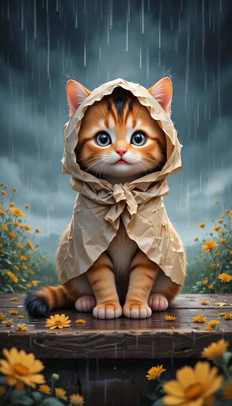 Gatito curioso bajo papel arrugado bajo la suave lluvia