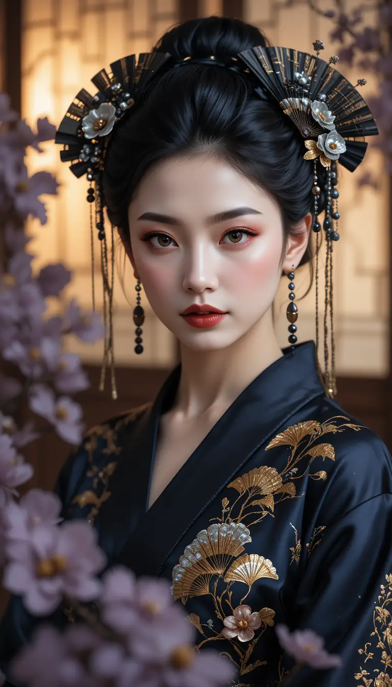 Elegante donna in kimono blu incorniciata da fiori di pruno