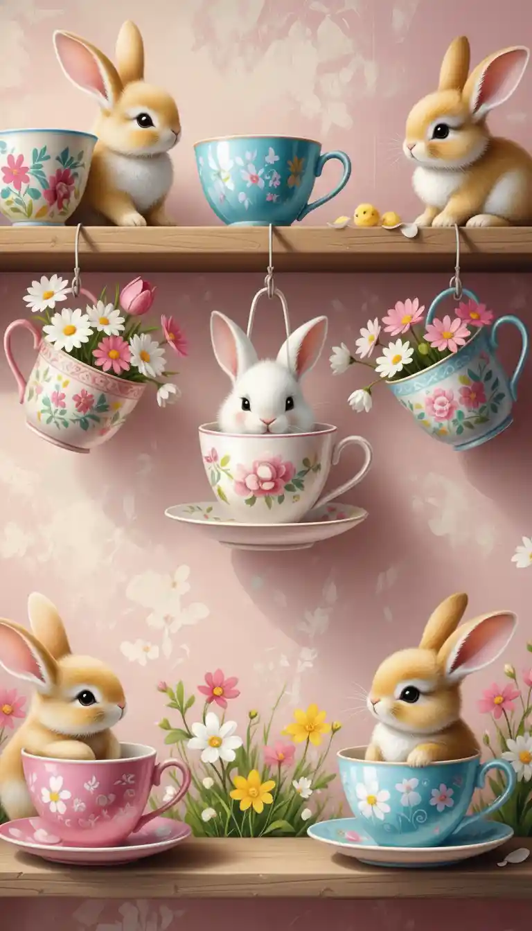 Cute baby rabbits and chicks in floral teacups on shelf