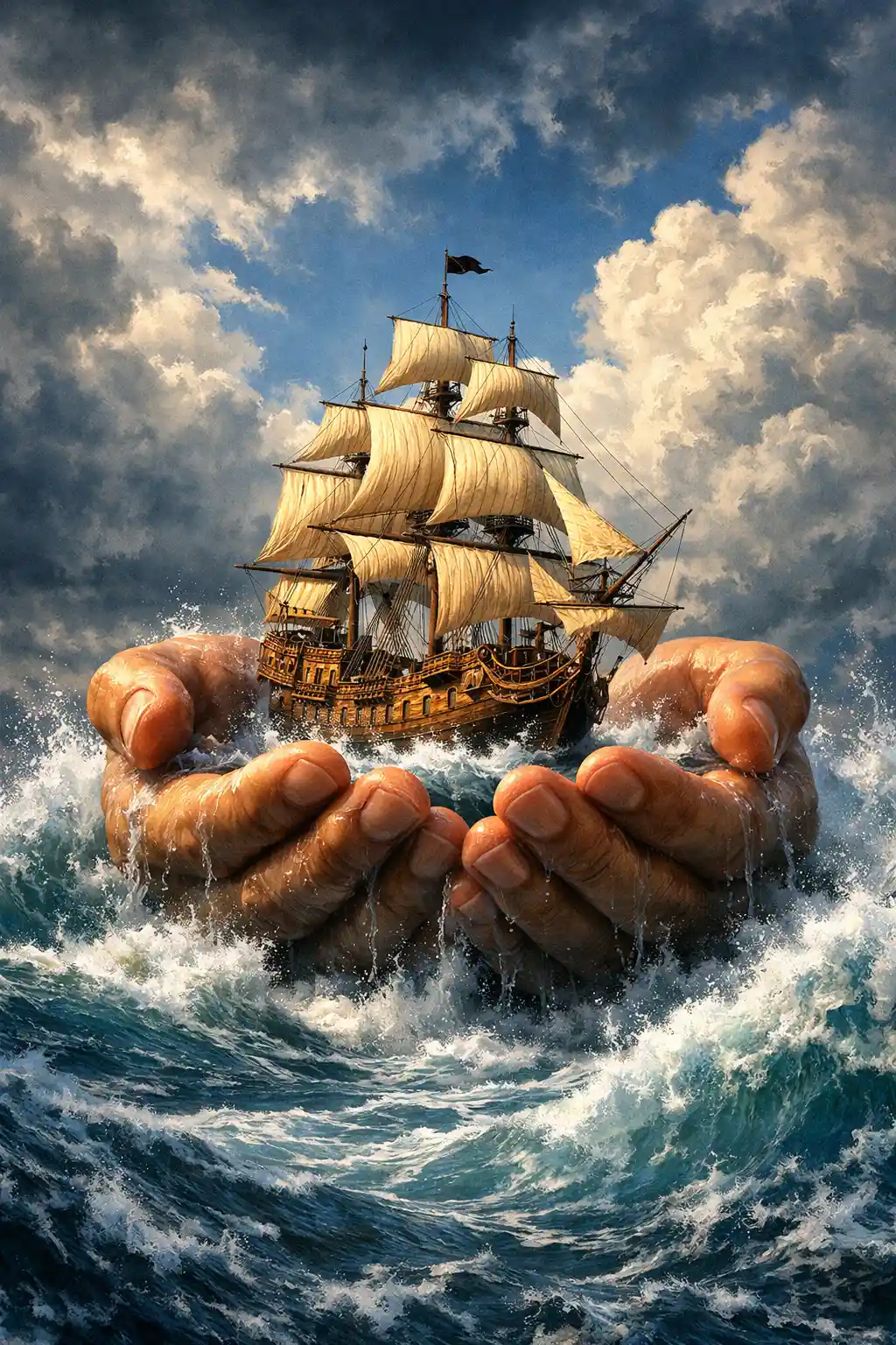 Colossal hands cradle a sailing ship amid stormy ocean waves