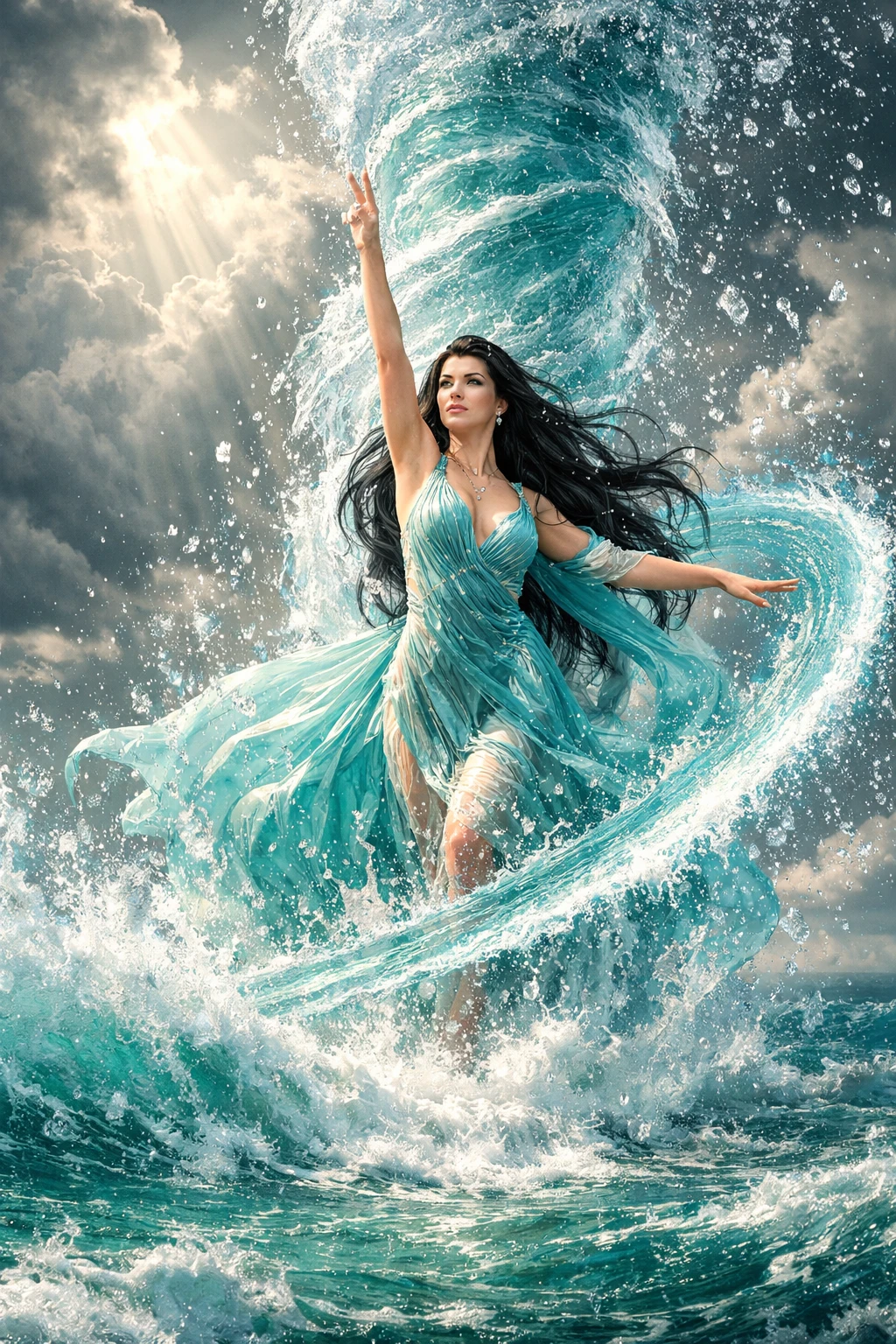 Wassersorceress erhebt sich aus einem stürmischen türkisfarbenen Ozean