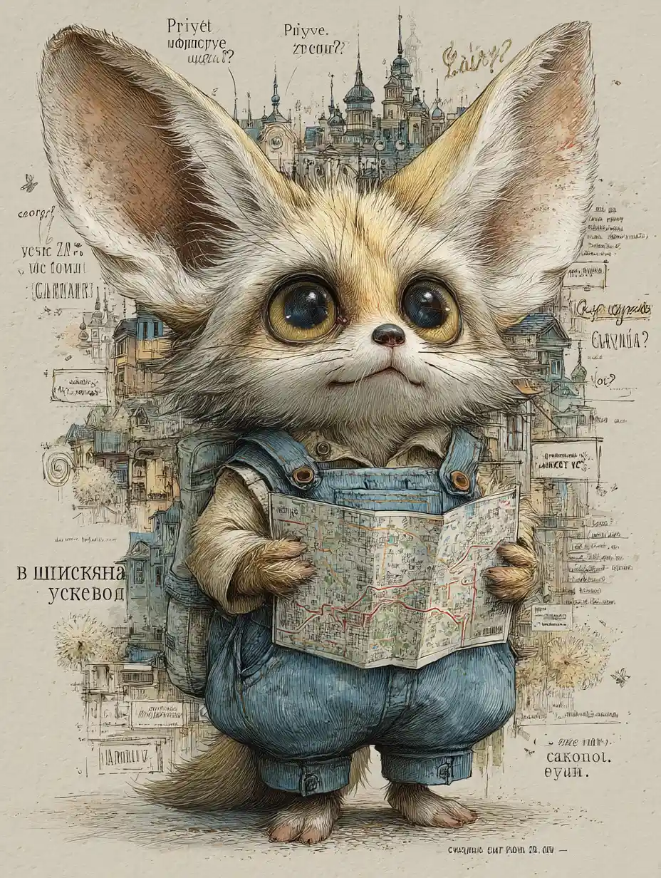 Zorro fénec adorable con peto estudiando un enorme mapa de viaje