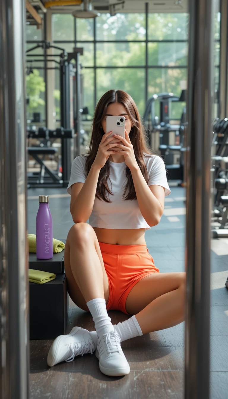 Junge Frau macht ein Spiegel-Selfie auf dem Gym-Boden