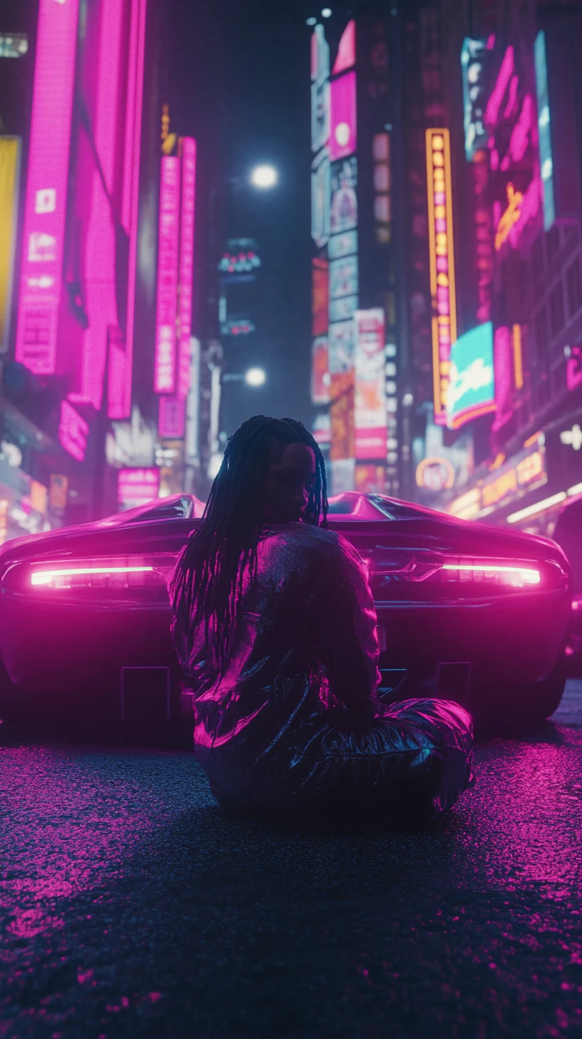 Convertible car reversing on a busy city street at night