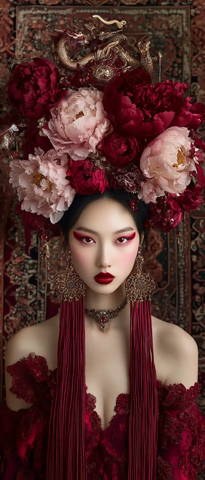 Cinematic portrait of an Asian woman in ruby red gown