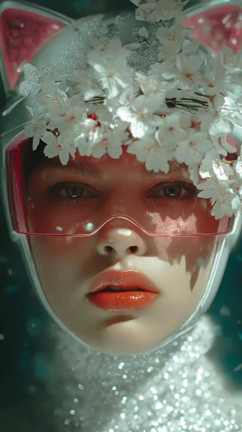 Futuristic woman with cat ear headpiece and cherry blossoms