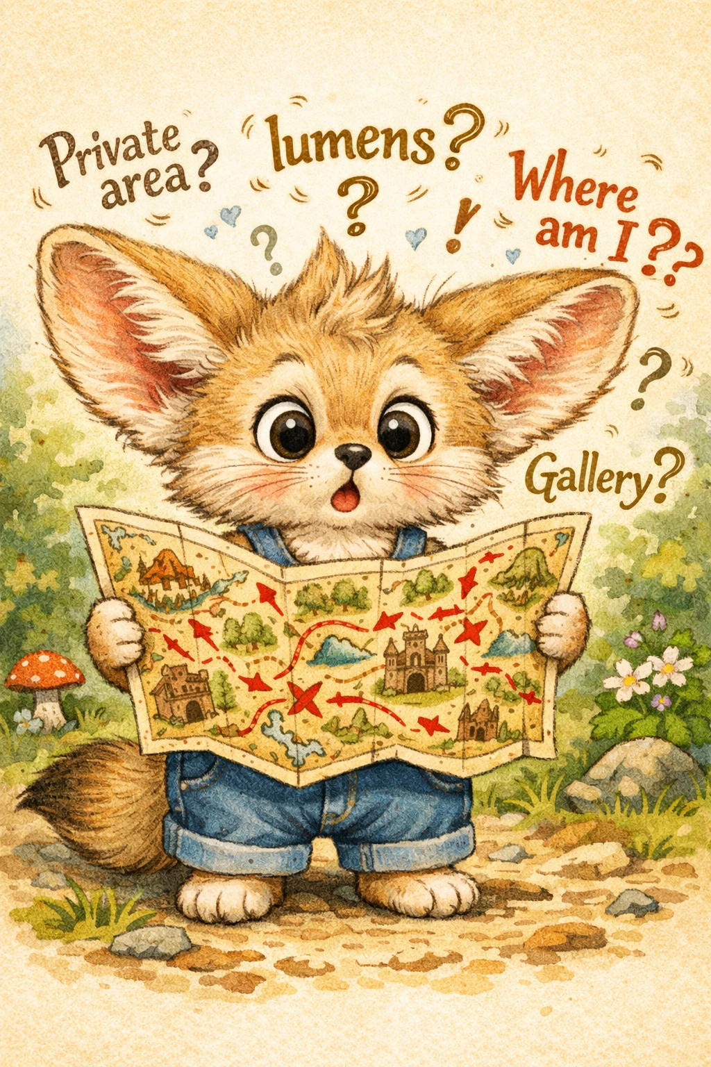 Cute fennec fox in overalls studying a large map