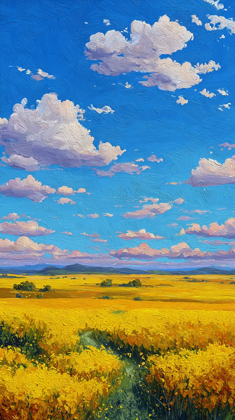 Golden sunset landscape with yellow field and clouds