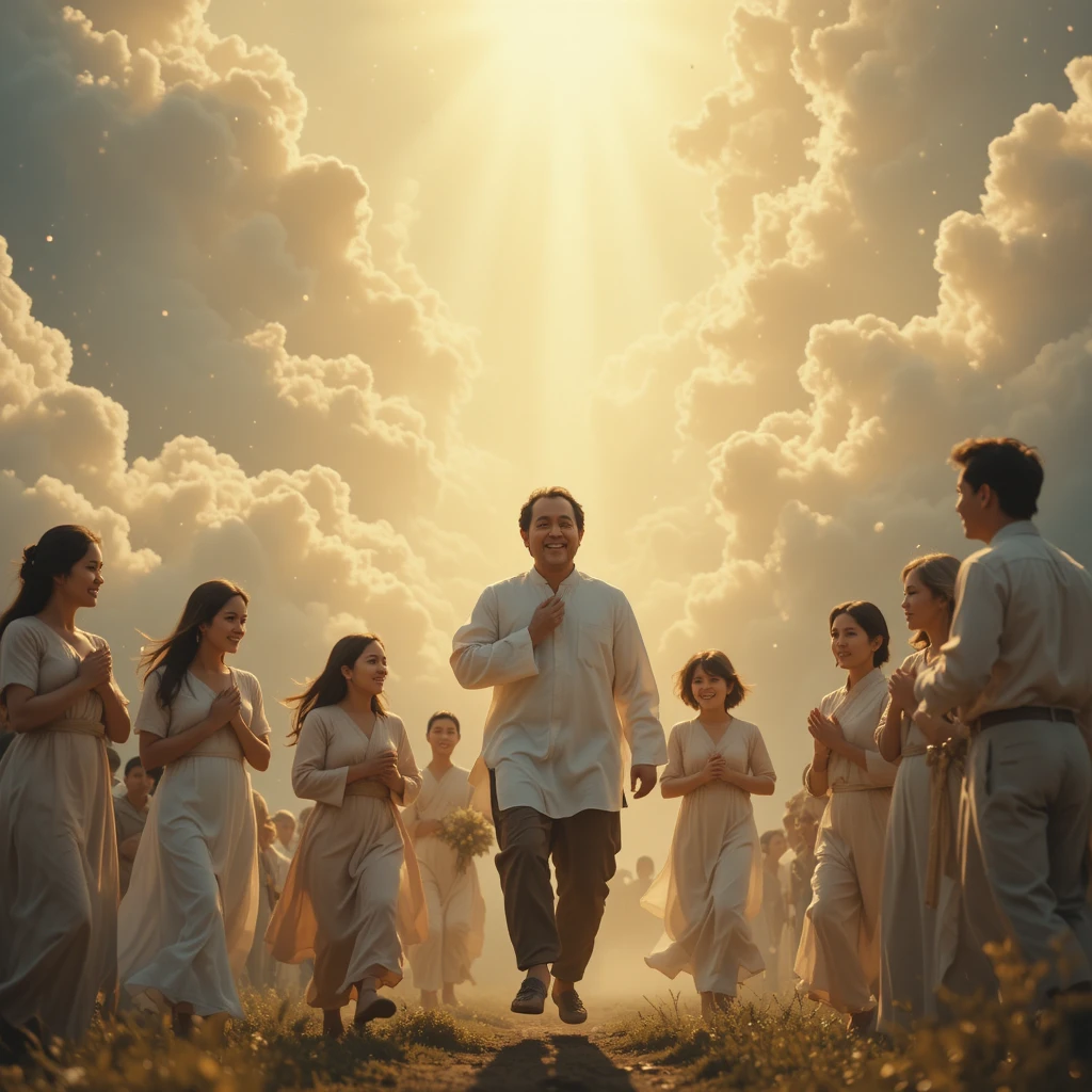 Uomo che scende dal cielo verso la sua famiglia commossa