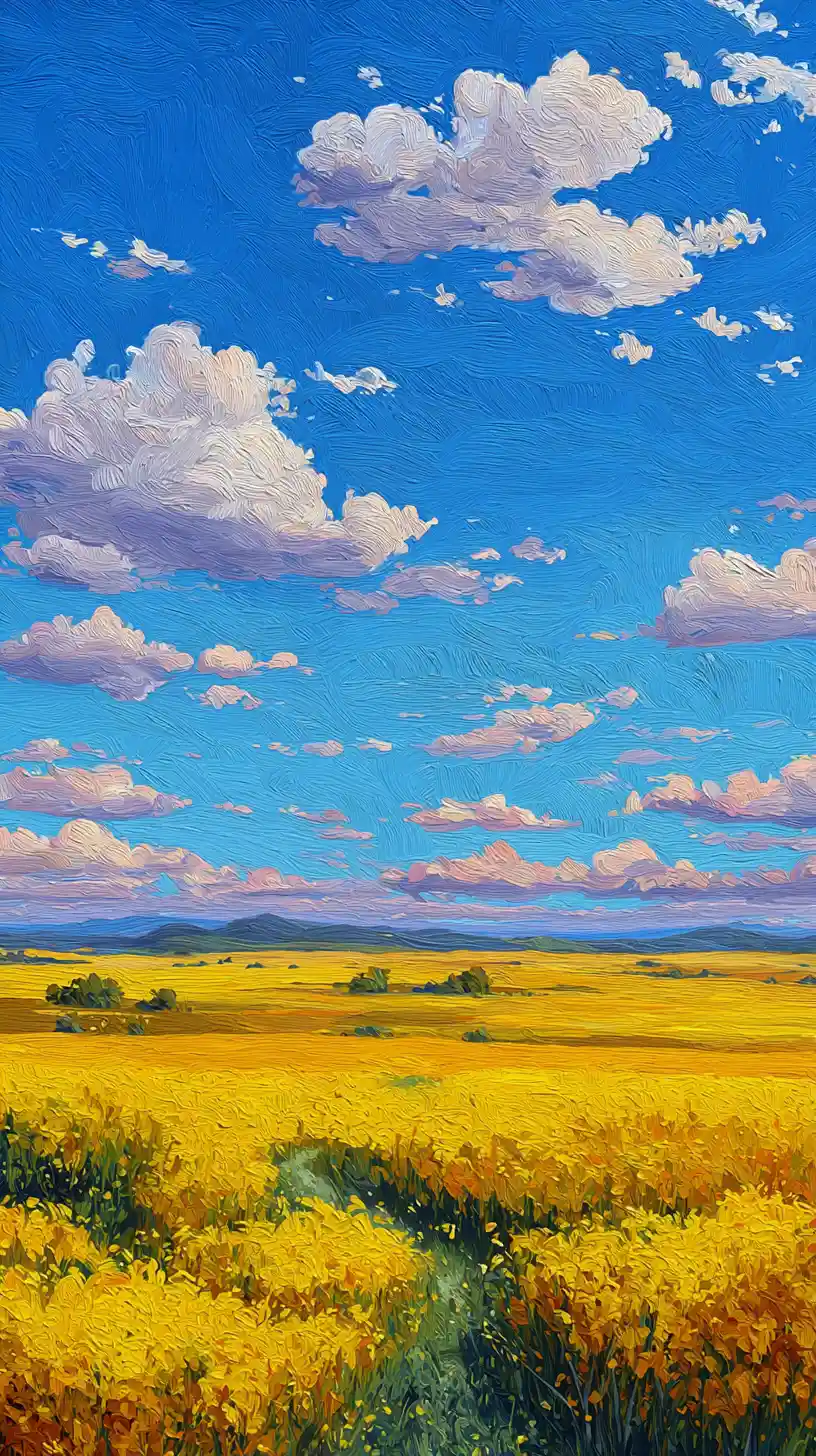 Golden sunset landscape with yellow field and clouds