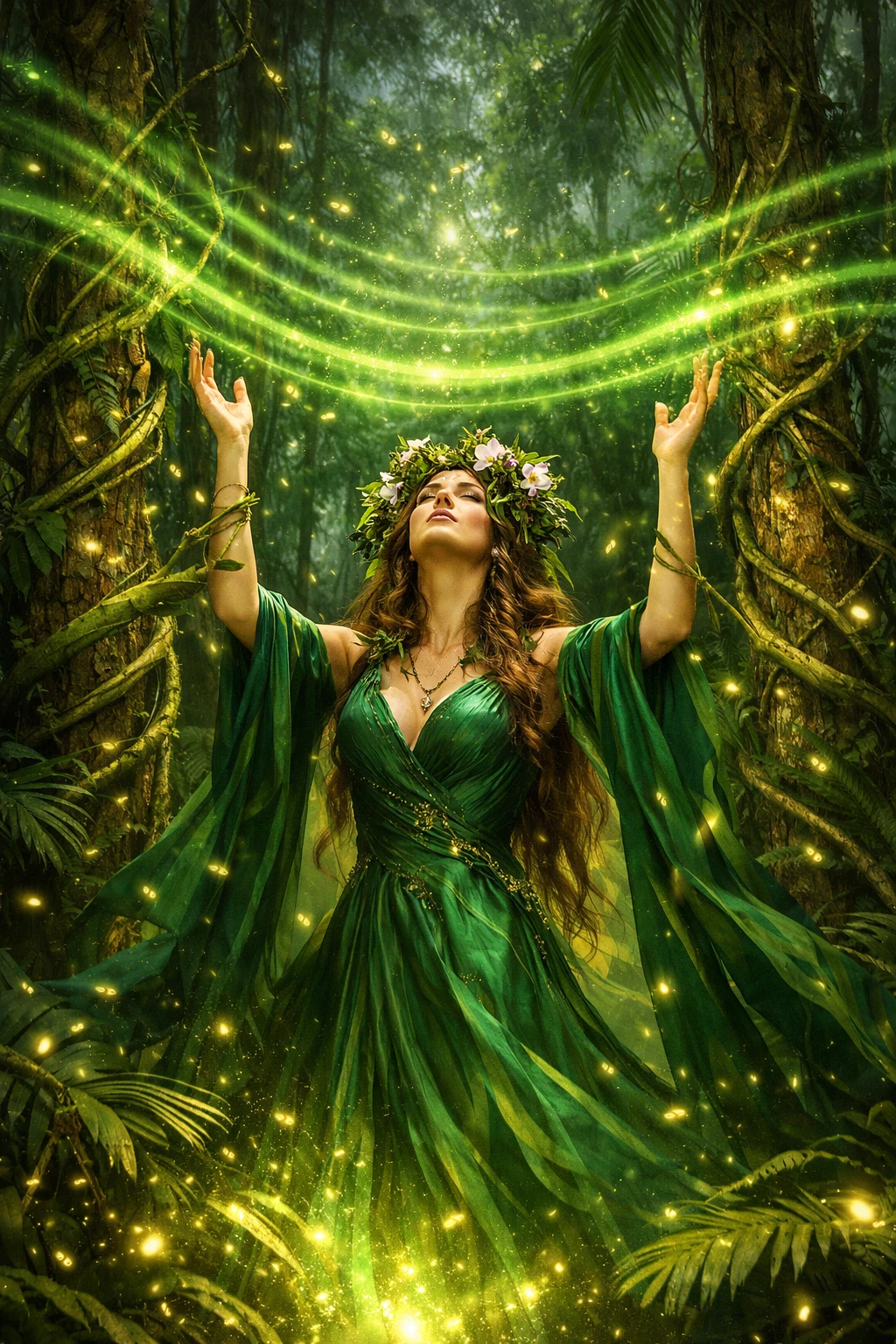 Regina mistica della foresta che innalza energia luminosa nella giungla pluviale