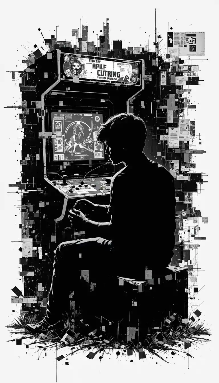 Silueta de Adolescente Jugando Arcade Retro en Estilo Glitch