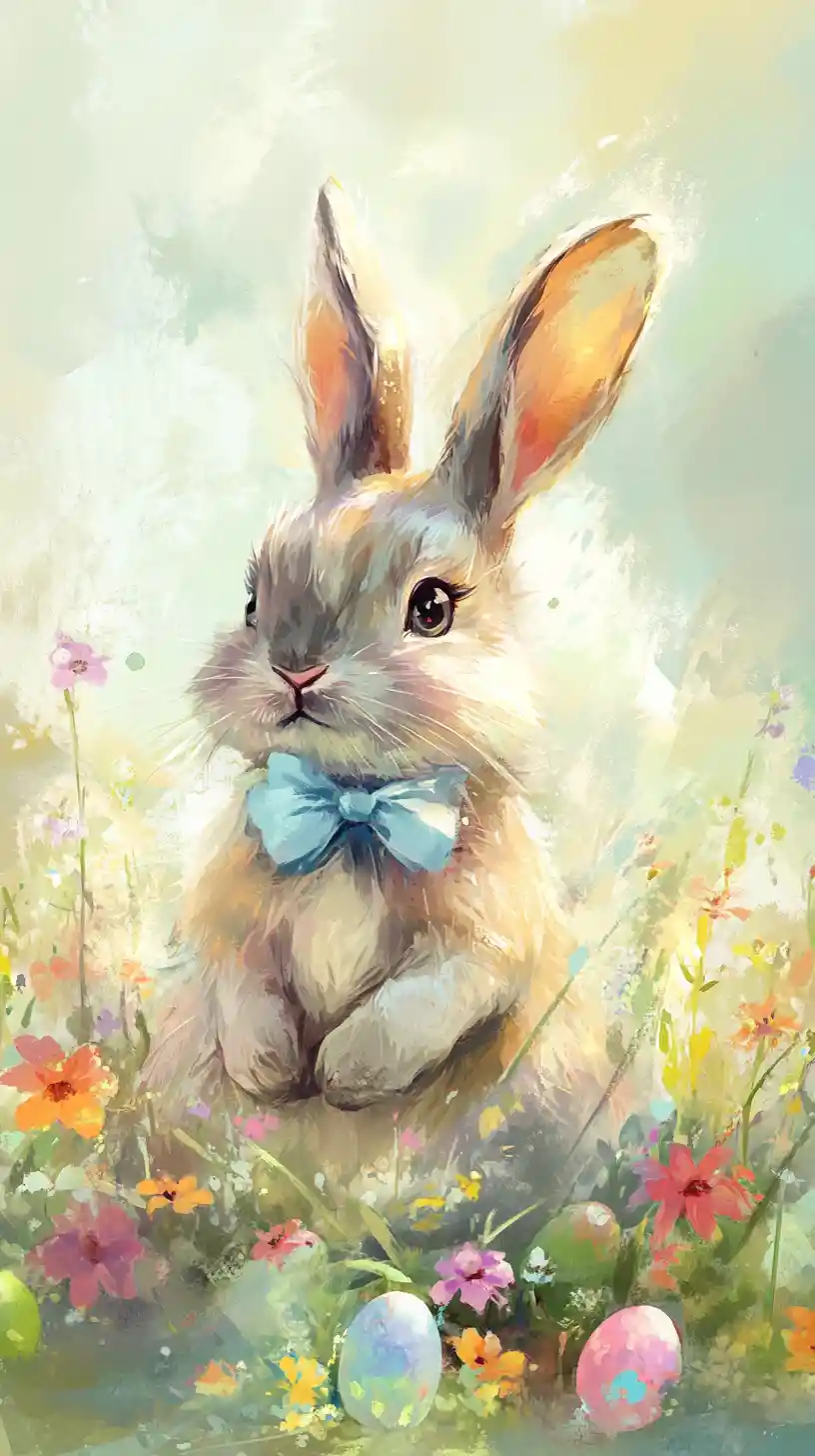 Niedlicher Hase mit Ostereiern im Aquarell-Blumenfeld