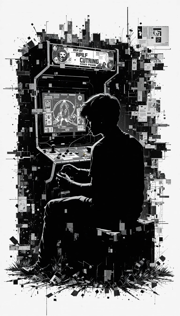 Silueta de Adolescente Jugando Arcade Retro en Estilo Glitch