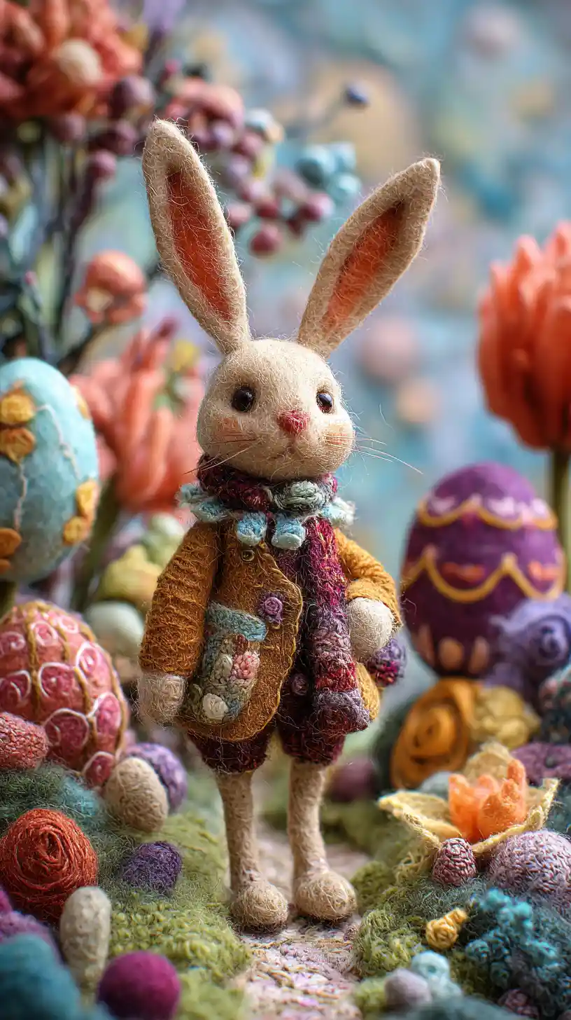 Cute felt rabbit in a colorful fairy tale easter world