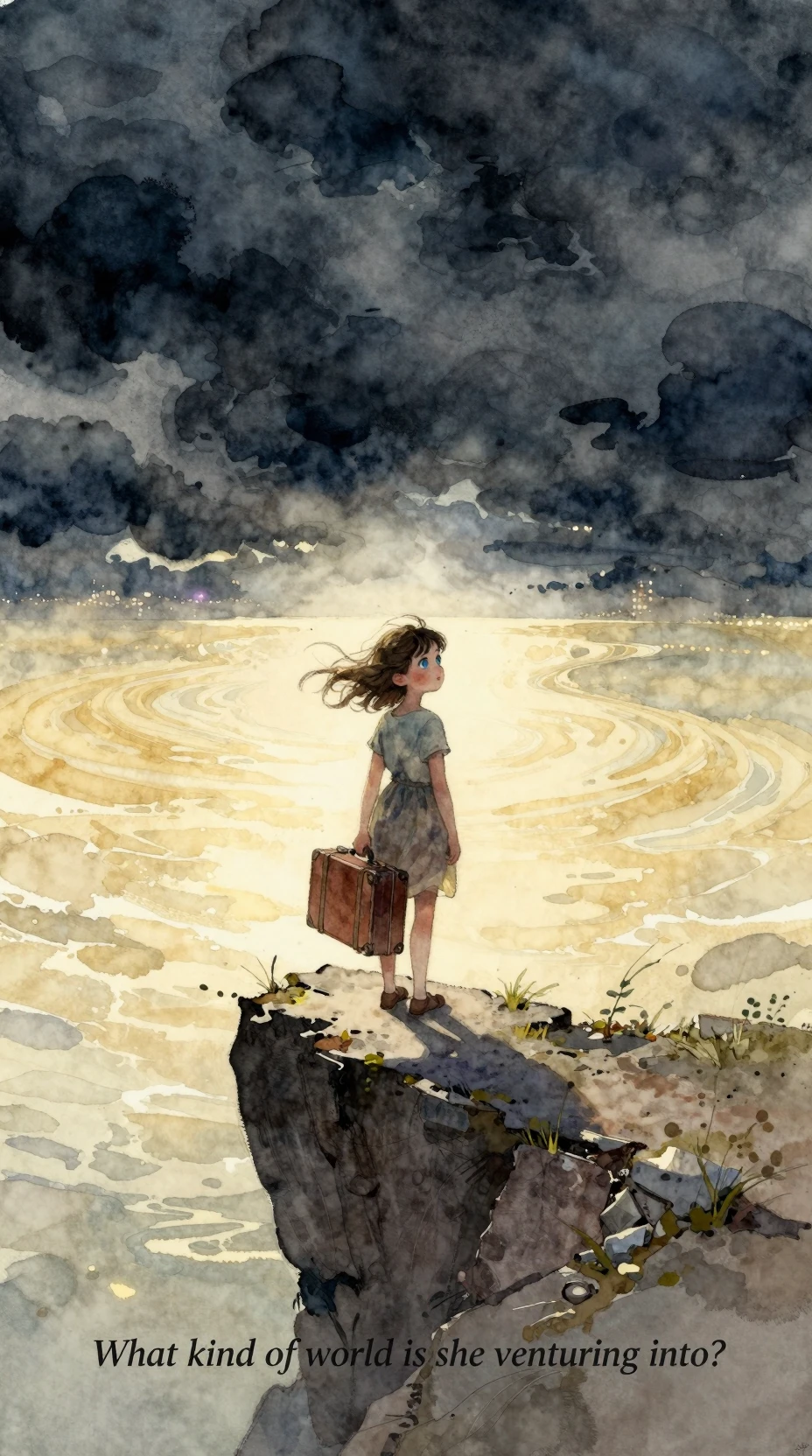 Young girl on crumbling cliff facing surreal golden sea