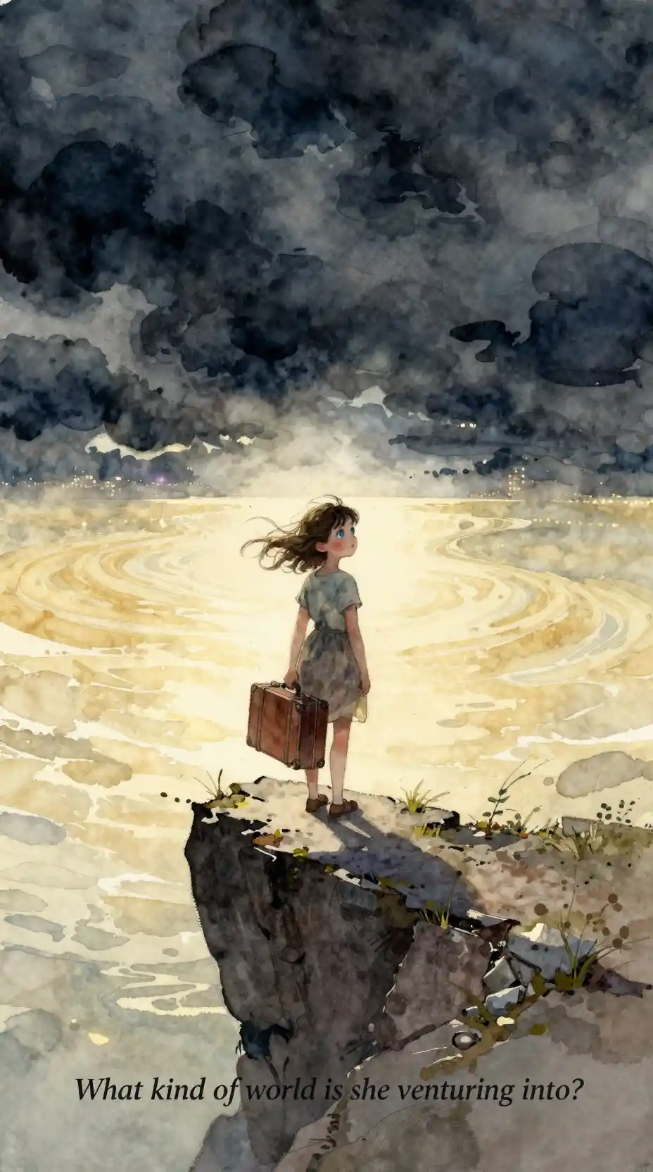 Young girl on crumbling cliff facing surreal golden sea