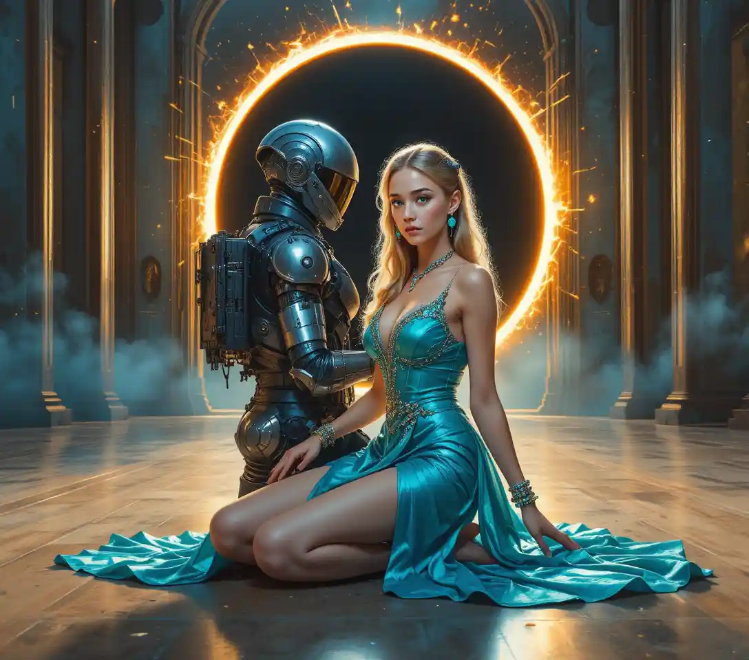 Armored sci fi soldier walking through dark glass corridor