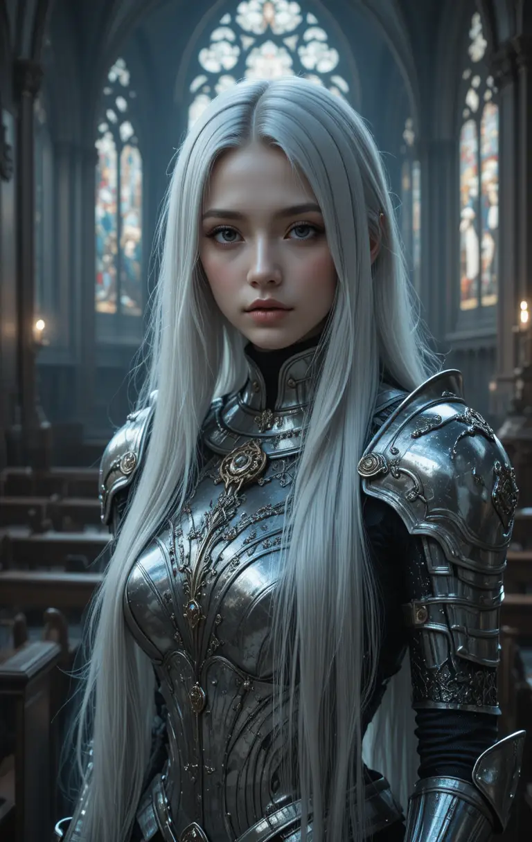 Silver haired girl knight in armor within gothic church