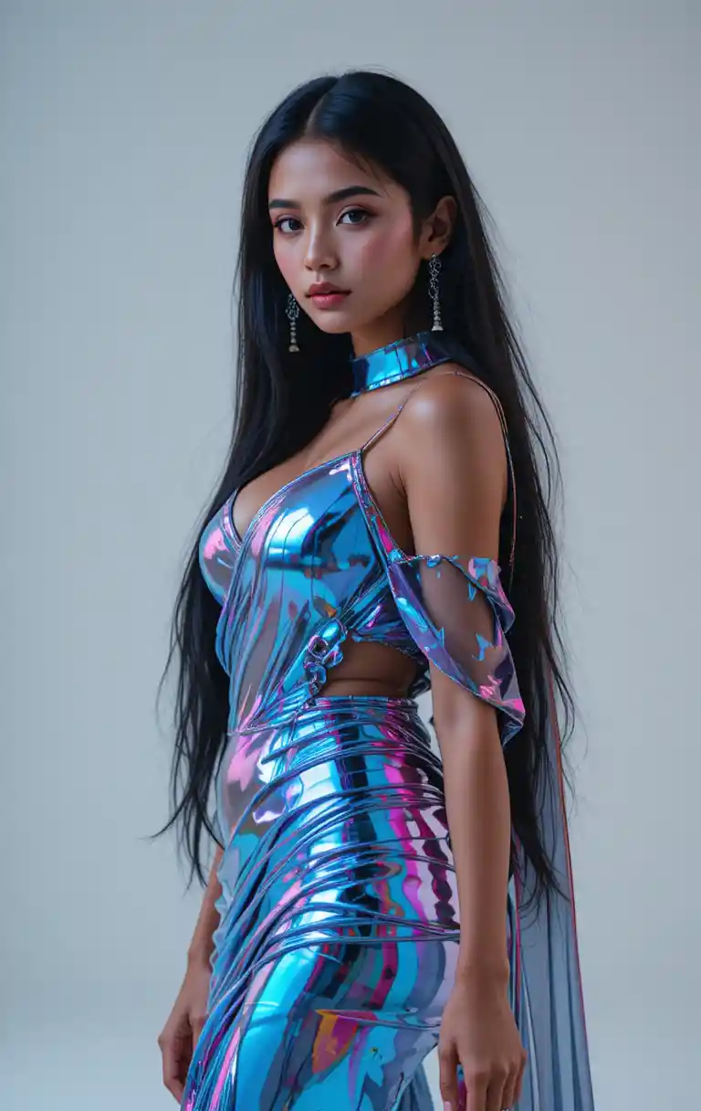Modella di moda tamil con sari futuristico lucido che posa in studio