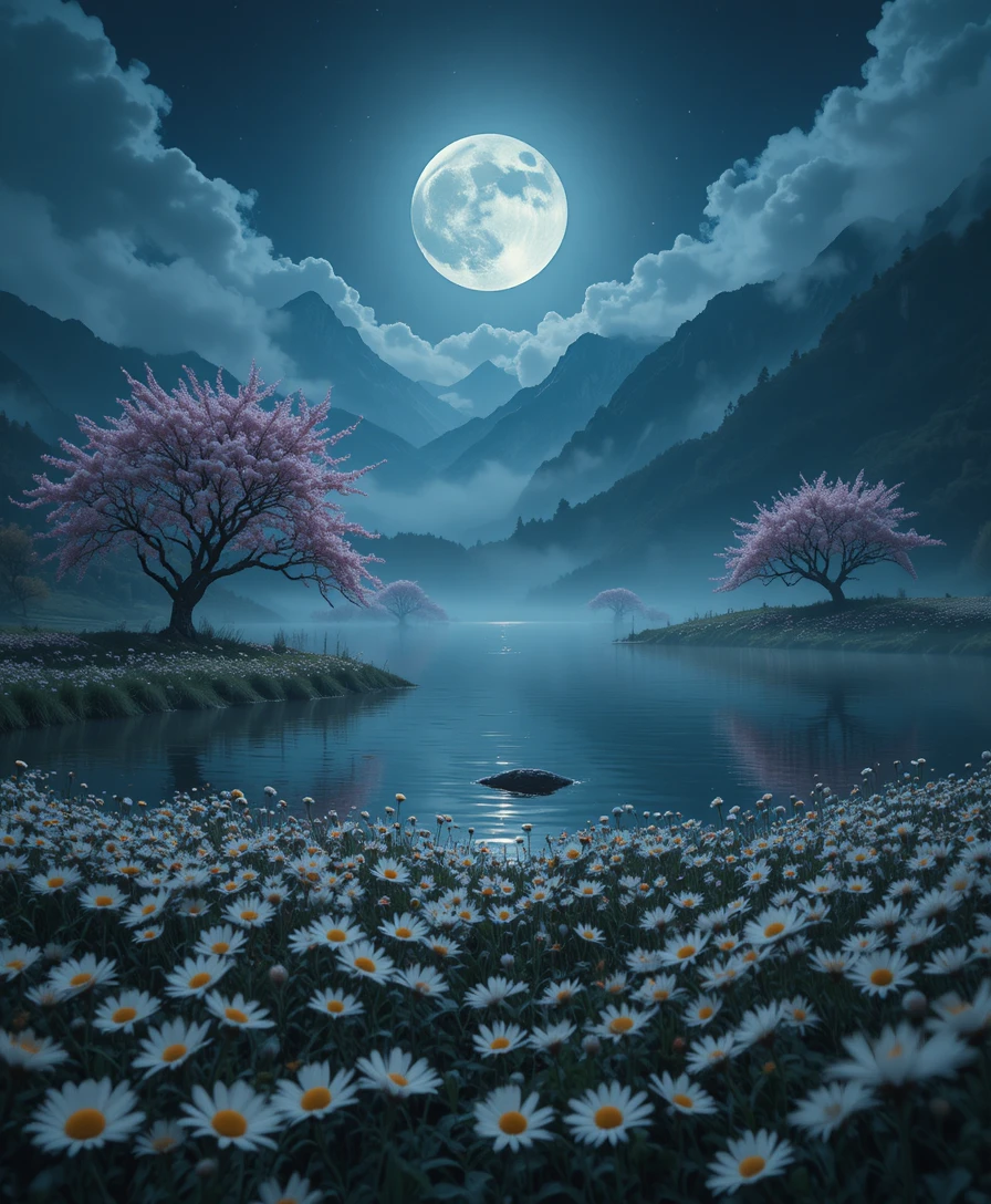 Lago di montagna al chiaro di luna con margherite luminose e vette nebbiose