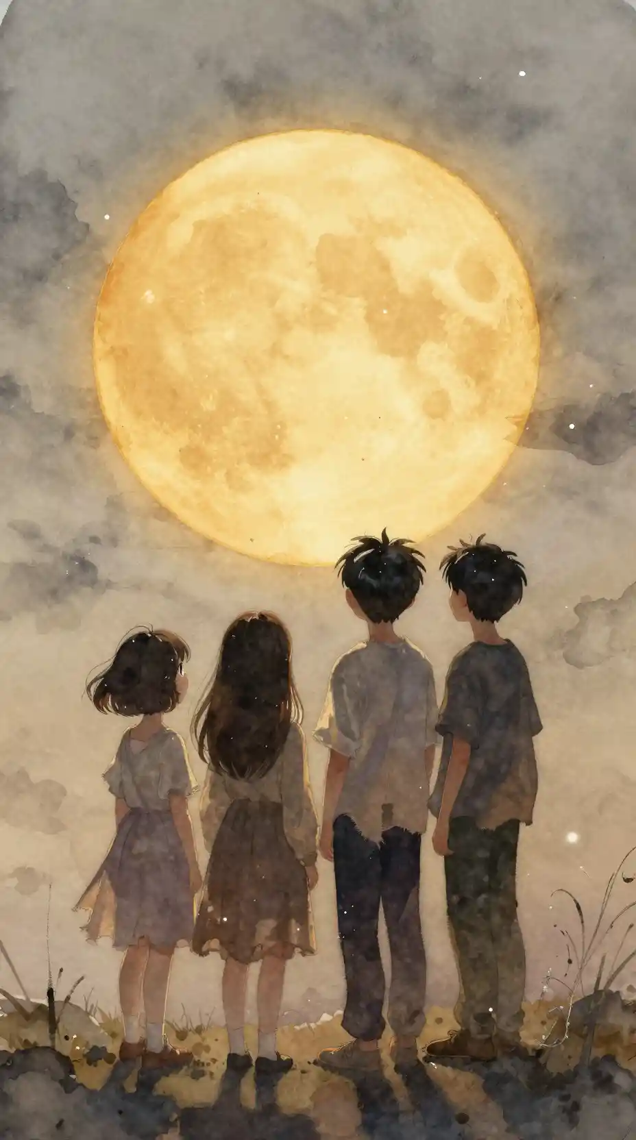 수채화 속 생존자들, 거대한 황금빛 태양을 바라보다