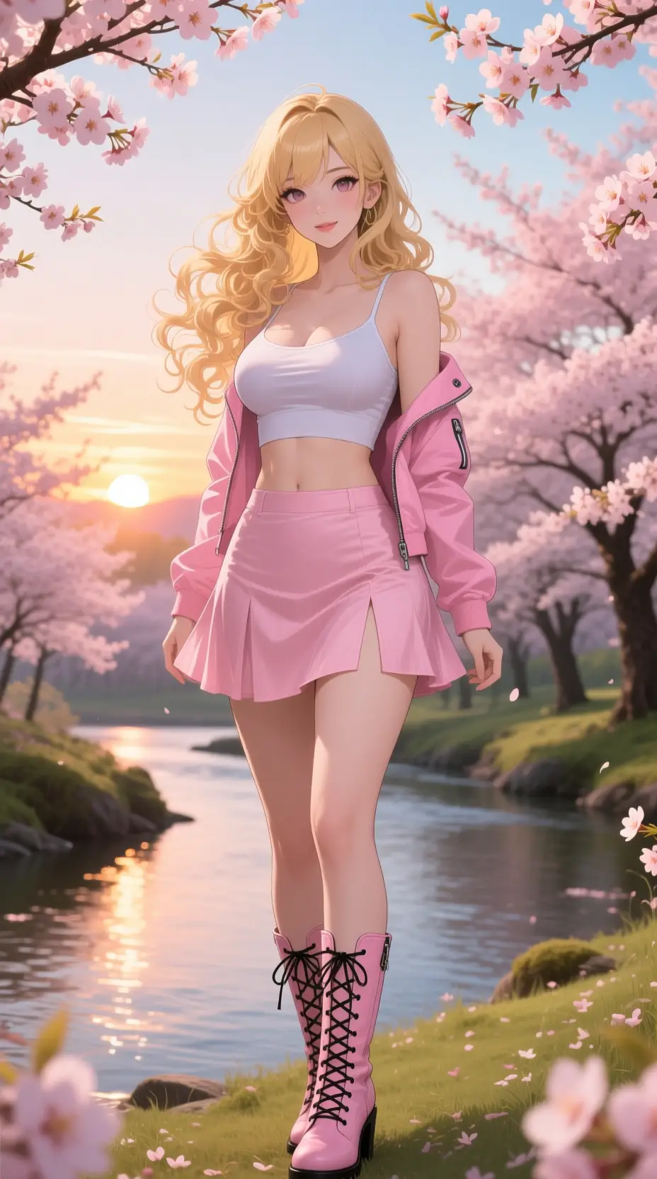Donna anime in una foresta di ciliegi al tramonto