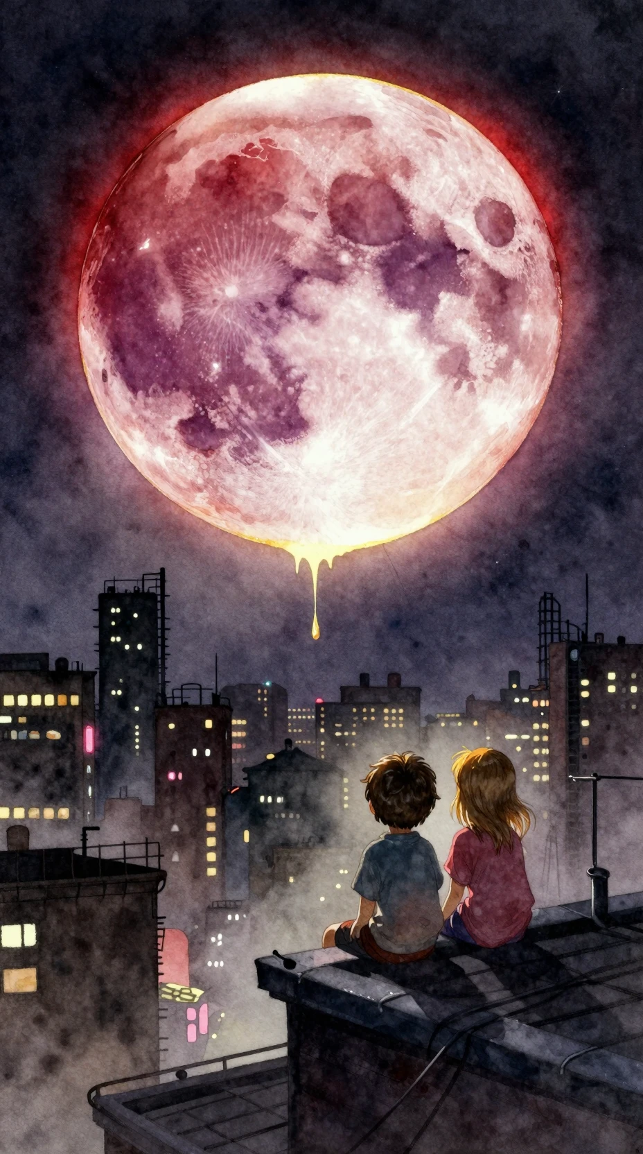 Aquarell-Stadt im Mondlicht mit Kindern auf einem Dach