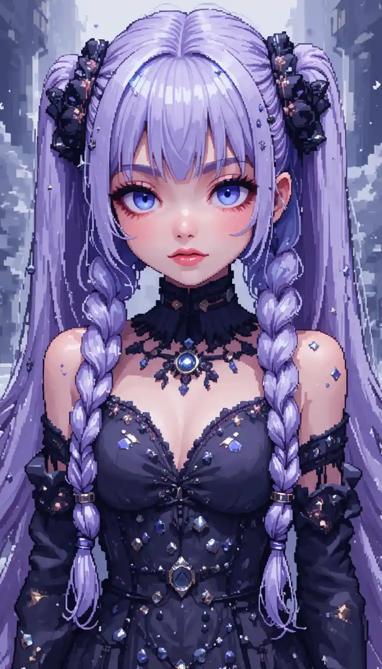 Pixel art anime girl with lilac twin braids and stone background