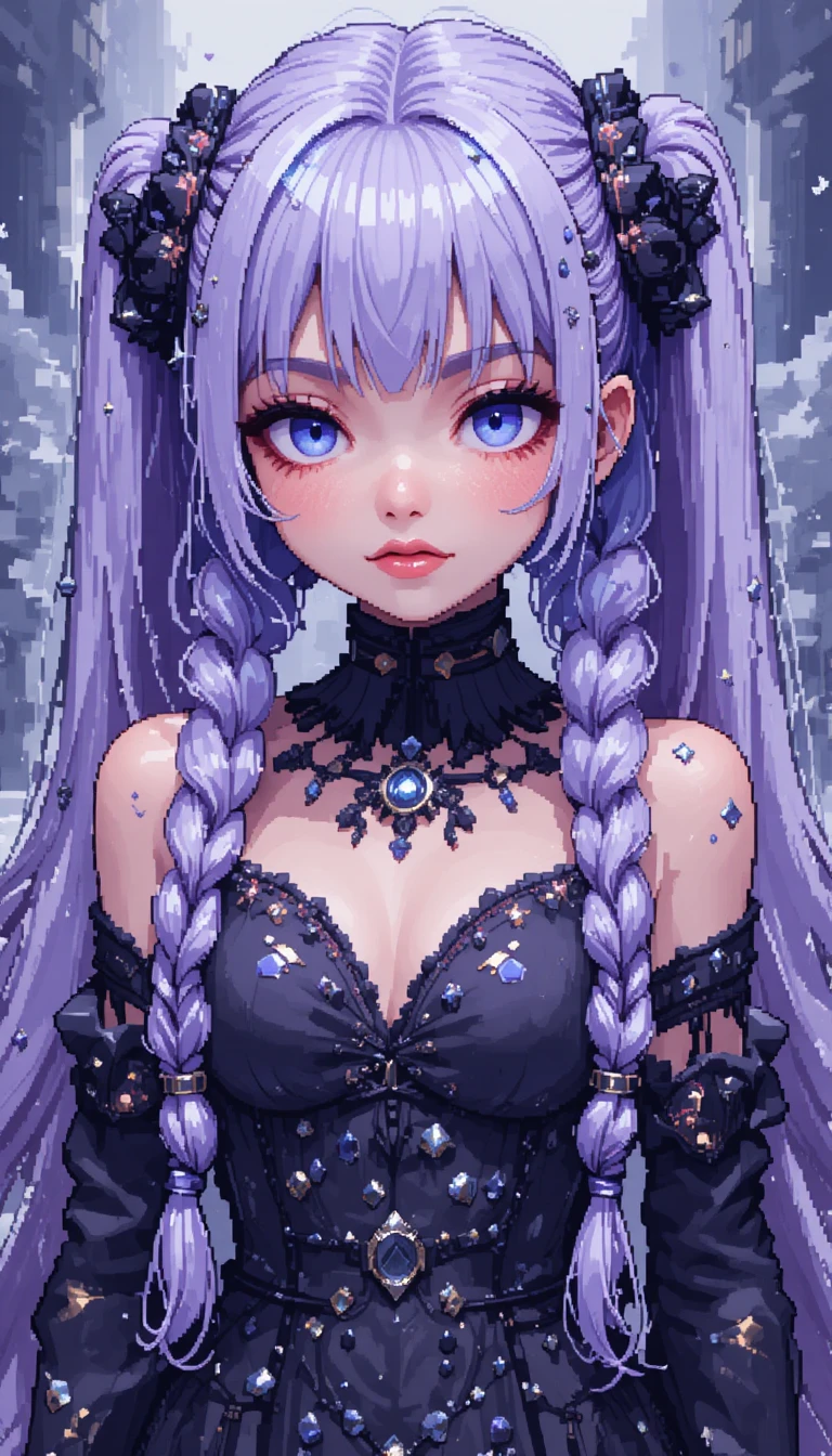 Pixel art anime girl with lilac twin braids and stone background