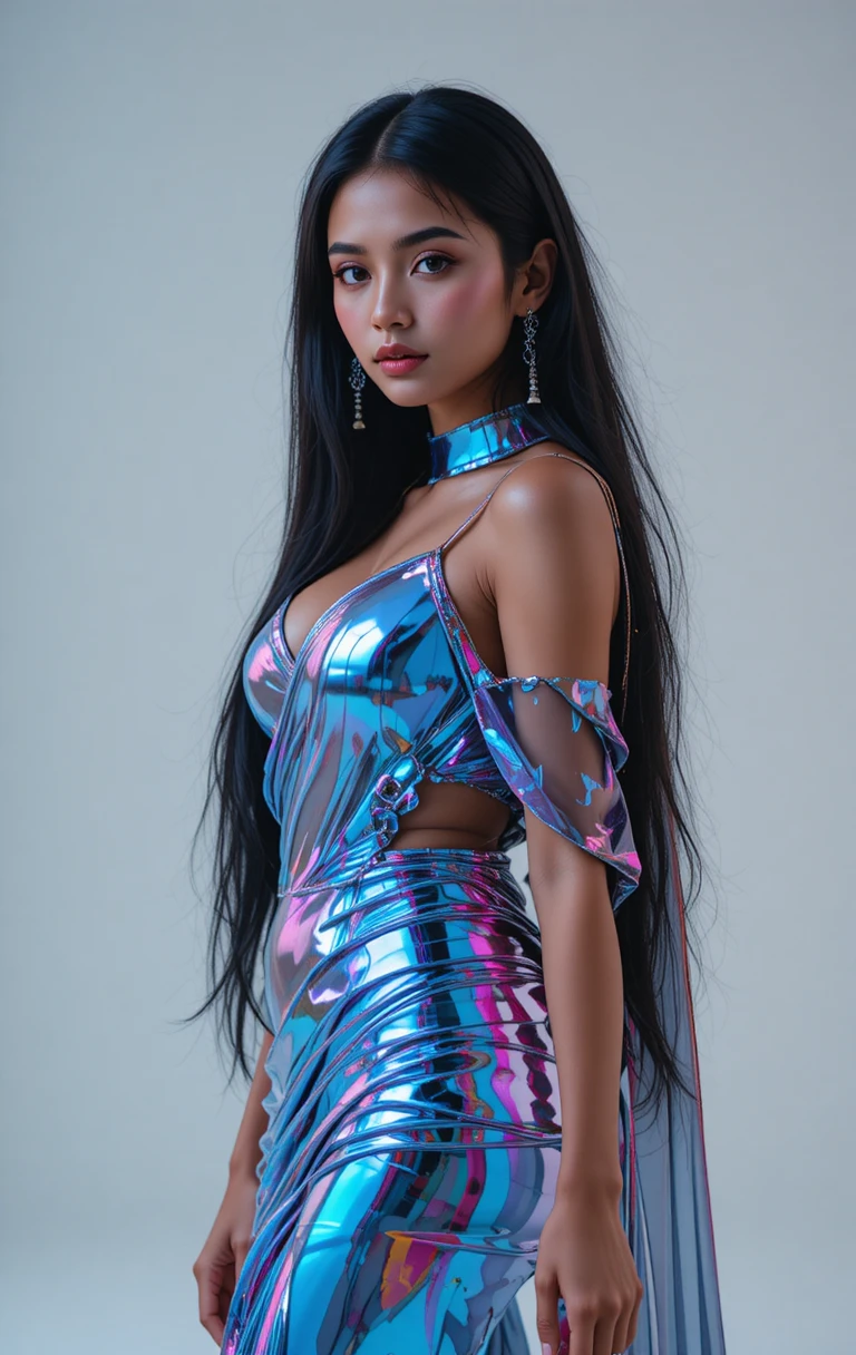 Tamil fashion model in glossy futuristic saree posing in studio