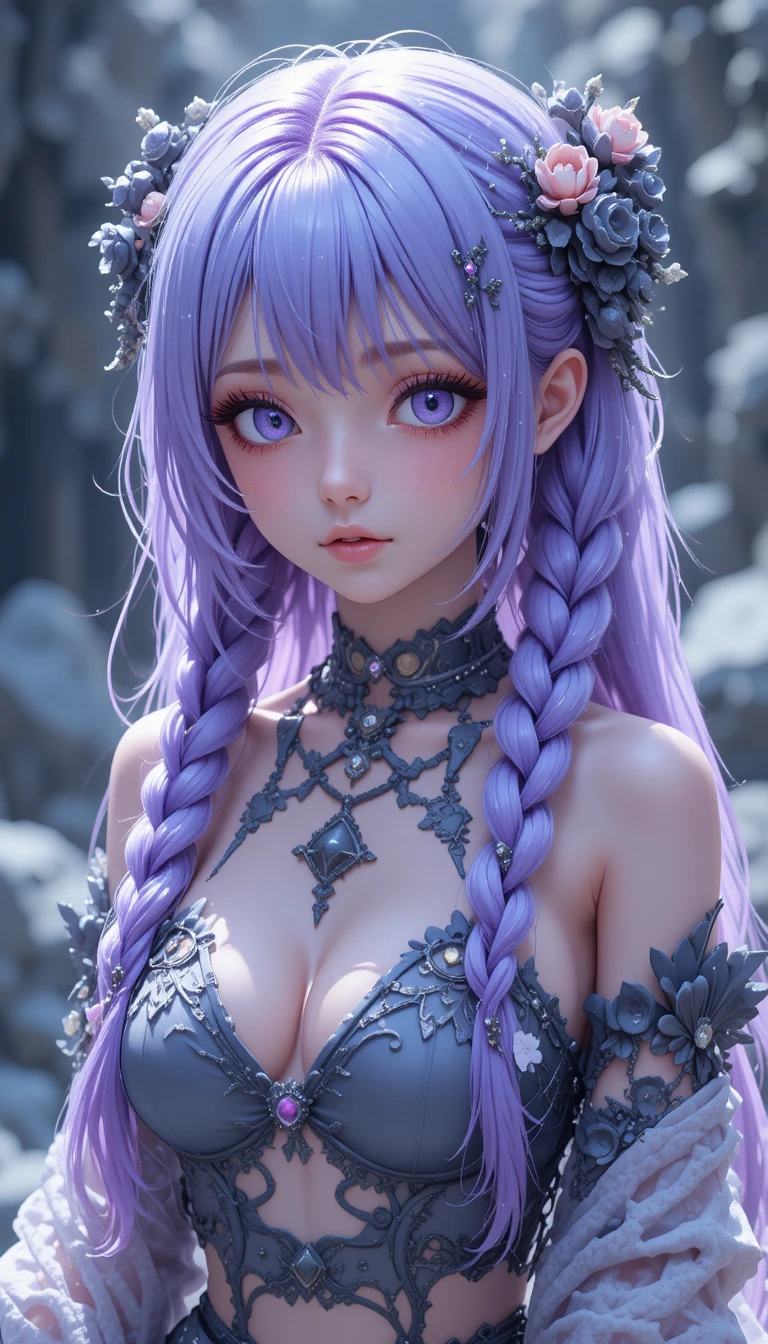Ragazza anime in pixel art con doppie trecce lilla e sfondo di pietra