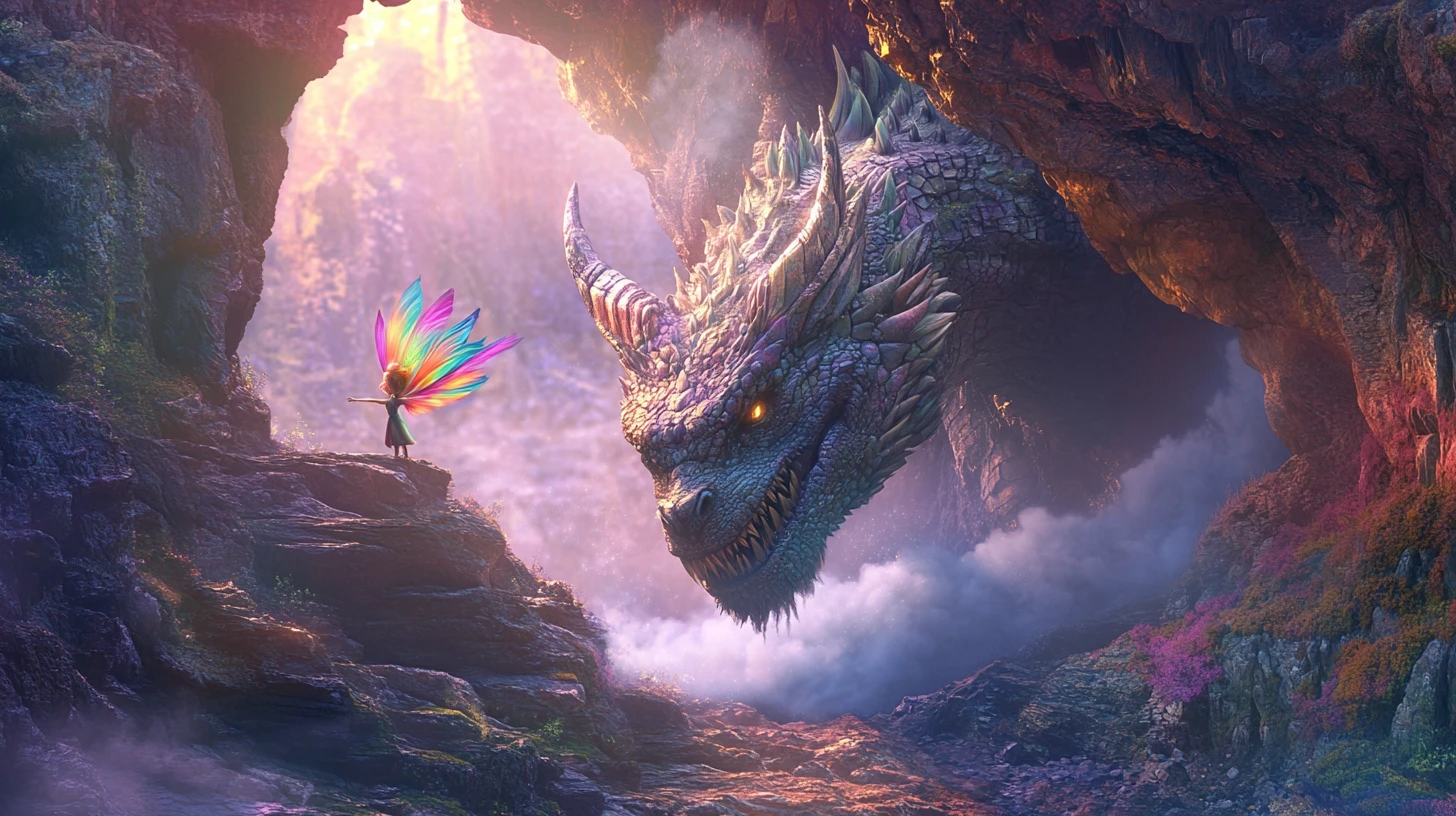 Ferocious cave dragon facing a tiny fairy on its nose