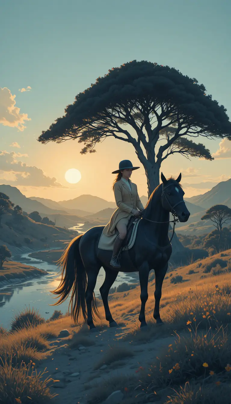 Mujer montando un caballo negro al atardecer junto a un árbol a la orilla del río