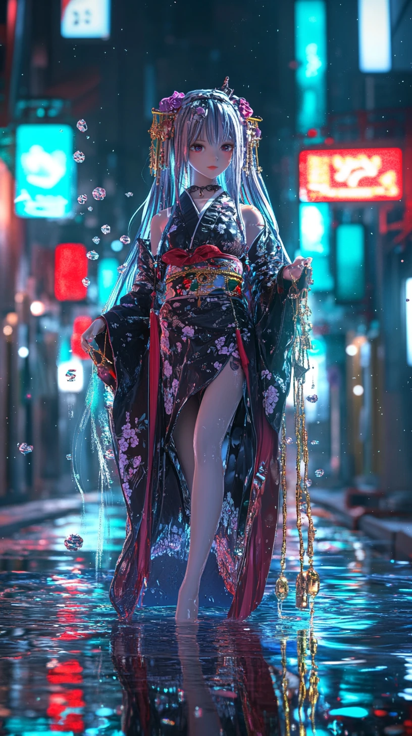 Anime woman in kimono standing in neon alley puddle