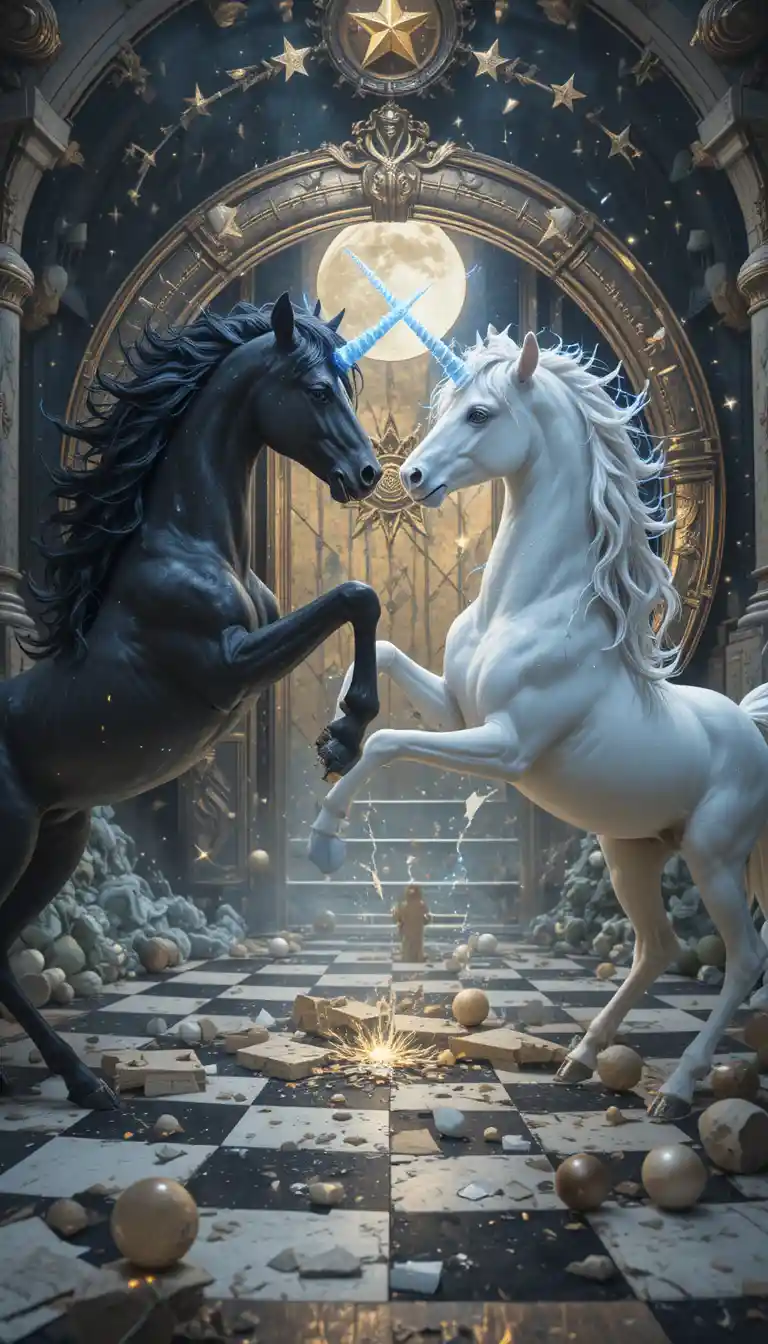 Due unicorni si scontrano davanti a una porta magica segnata da una stella